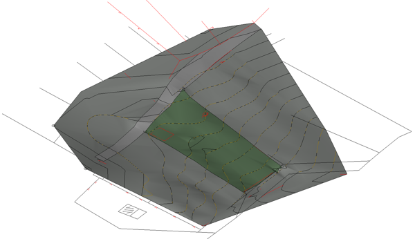 Revit, topografski model s vidljivim prilaznim putem i granicama parcele